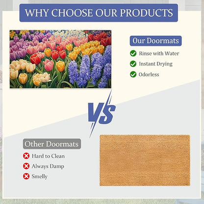 Colorful Flower Field Welcome Mat,Vintage Tulip Floral Indoor Rugs for Entryway,Anti-Slip Low Profile Doormats Porch Mats for Front Door Stairway Rug Living Room Floor Mat 30 x 17 Inch