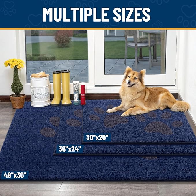Smiry Dog Door Mat for Muddy Paws, Absorbs Moisture and Dirt, Low-Profile Entryway Mat with Non-Slip Backing, Entry Indoor Outdoor Doormat for Inside Floor (47x24 Inches, Navy Blue, Paw)
