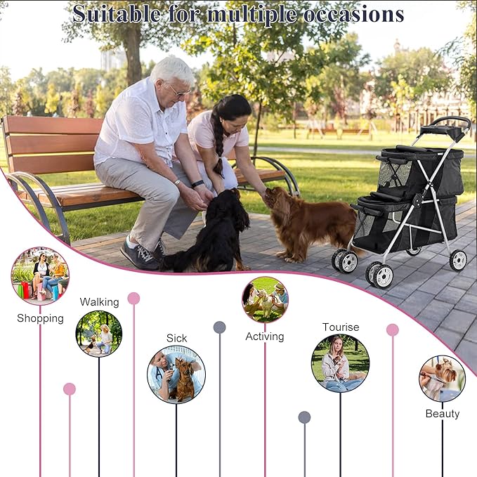 TTY Store Best 4 Wheels Pet Stroller Double Decker Seats Foldable Jogge for Small Medium Dogs & Cats or Other Kitten Puppy Travel Cage w/Cup Holders Removable Liner, Black, 30 x 20 x 40 Inch
