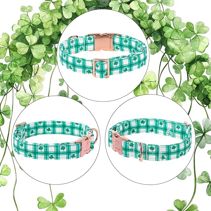St. Patrick's Day Dog Collar, Vintage Green Plaid & Clover Lucky Dog Collars, Adjustable Heavy Duty Pet Collar for Small Medium Large Dogs with Metal Buckle XS