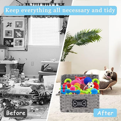 Dog Toy Basket Large Foldable Portable Rattan Dog Toy Storage Organizer for Living Room Bedroom Entryway Floor Corner Pet Toys Basket with Label, Dogs Toys Bin for Cats, Dogs and Pets-Grey