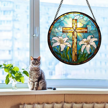 Christian Gifts for Women - Cross Stained Glass Window Hanging Jesus Easter White Lily Flower Sun Catcher Garden Religion Decor Mother's Day Catholic Gift for Men Grandma Mom Her Nana 9.8"