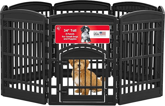 IRIS USA Dog Playpen 34" Tall Dog Playpen Indoor – 8-Panel Puppy Playpen with Door, 63 x 63 x 35, Extra Tall Dog Play Pen Indoors for Large Dogs, Plastic Pet Playpen, Indoor Dog Pen, Black