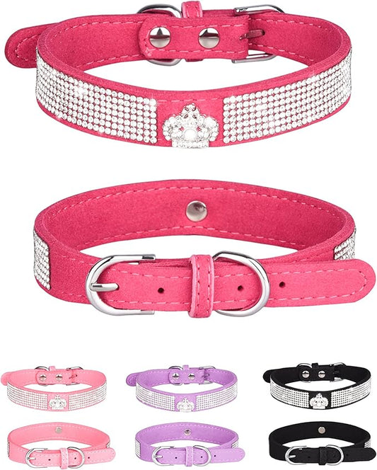 Bling Dog Collar for Small Medium Large Dogs, Crown Rhinestone Dog Collars for Girl and boy Dog, Diamond Puppy Collars, Adjustable Leather Suede SOFE Cat Collar (S(10.6"-13"/27CM-33CM), Rose Red)