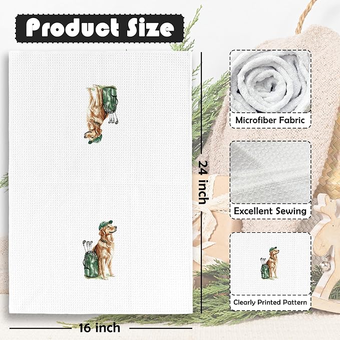Golf Dog Kitchen Towels - Golden Retriever Dish Towels, Sports Gifts, Pet Golf Club Decorative Absorbent Dishcloths Hand Towels Set of 2 for Kitchen Gym Spa Decor 16x24 Inches