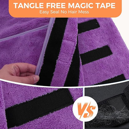 Mihachi Dog Bathrobe Towel Wrap Fast Drying with Drying Gloves Set, Super Absorbent Coral Fleece Dog Drying Coat Bath Robe for Puppy, Medium & Large Dogs, Adjustable Collar & Belly Strap, Purple 2XL