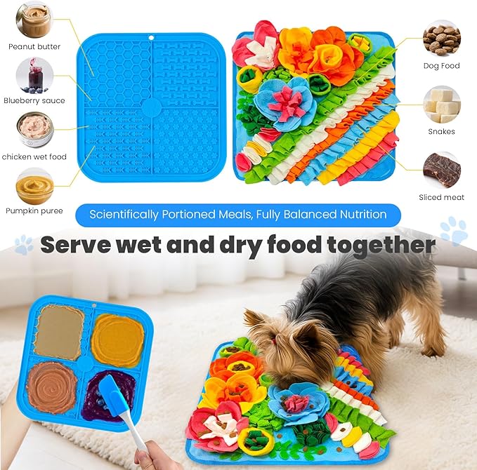 PETCARE Dog Snuffle Mat and Lick Mat Set, Interactive Enrichment Dog Puzzle Toy for Puppy Small Dogs Cats Rabbits, Cognitive Sniff Foraging Mats Mental Stimulation Treat Game Slow Feeder Mats