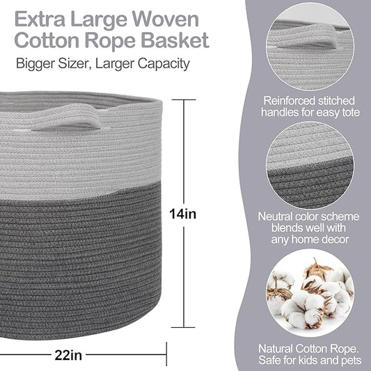 Extra Large Rope Basket, XXXL Woven Storage Basket, Large Blanket Storage for Living Room, Kids Room Toy Organizer Bin, Dog Toy Stuffed Animal Basket, Pillow Throw Blanket Holder, 22"x14"