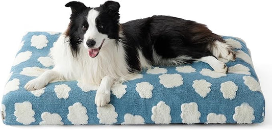 LE SURE Cute Large Dog Bed for Crate-Thick Shredded Chopped Foam Pet Bed as Gift for Indoor with Removable Washable Cover, Modern Fuzzy Plush & Anti Slip Bottom, Blue