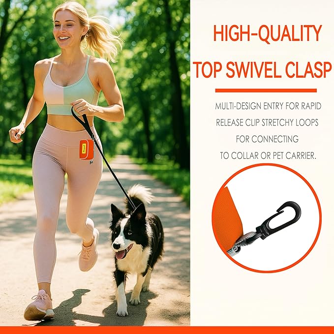 Dog Poop Bag Holder for Leash, 2 Waterproof Zipper Pouches, Dog Treat Pouch for Pet Walking Accessories, with Dispenser, Training Clicker and 1 Free Roll (Orange)