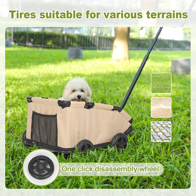 Foldable Pet Wagon with Handle, Pink and Black, Rolling Dog Stroller Cart (Khaki)
