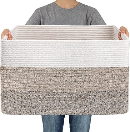 Woven Blanket Basket,65L Large Storage Bin for Blankets Toys Clothes,Decorative Rope Basket for Living Room Bedroom with Handles, White&Brown