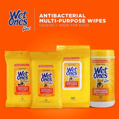 Wet Ones for Pets Multipurpose Dog Wipes with Aloe Vera, Tropical Splash Scent - Pet Bathing Wipes in Canister for Dog Paws & All Over Use, 50 Count - 12 Pack