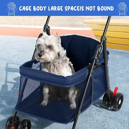 4 Wheels Pet Stroller for Medium Small Dog up to 50lbs, Dog Cat Stroller, Outdoor Travel Pet Folding Strollers, Cat Cage Strollers with Cup Holder, Breathable and Visible Mesh (1 Set-Blue)