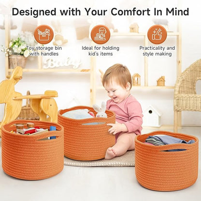 Small Rope Baskets for Storage, Baskets for Gifts Empty, Cute Round Woven Basket, Decorative Shelf Baskets 9.82×9.82×7.1", Cotton Toy Basket Storage Bins for Organizer 3 Packs-Orange