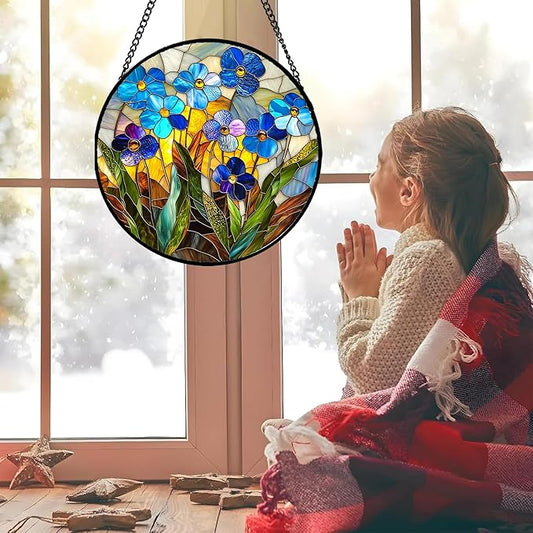Stained Glass Window Hanging - Blue Wildflower Plant Flowers Sun Catcher for Door Garden Home Decor Suncatcher Christmas Mother's Day Birthday Gifts for Women Men Mom Nana 15 in