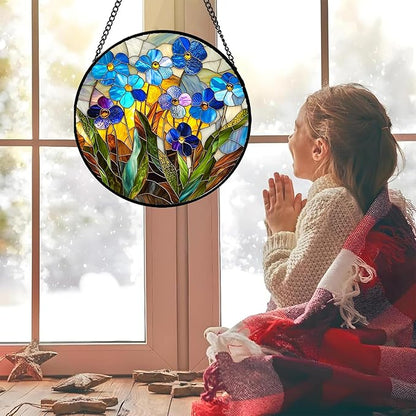 Stained Glass Window Hanging - Blue Wildflower Plant Flowers Sun Catcher for Door Garden Home Decor Suncatcher Christmas Mother's Day Birthday Gifts for Women Men Mom Nana 9.8 in
