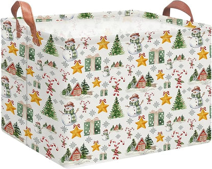Rectangular Storage Basket Empty,Storage Bin with Handles,Room Decor,Gift Basket,Book Box(Watercolor Christmas)