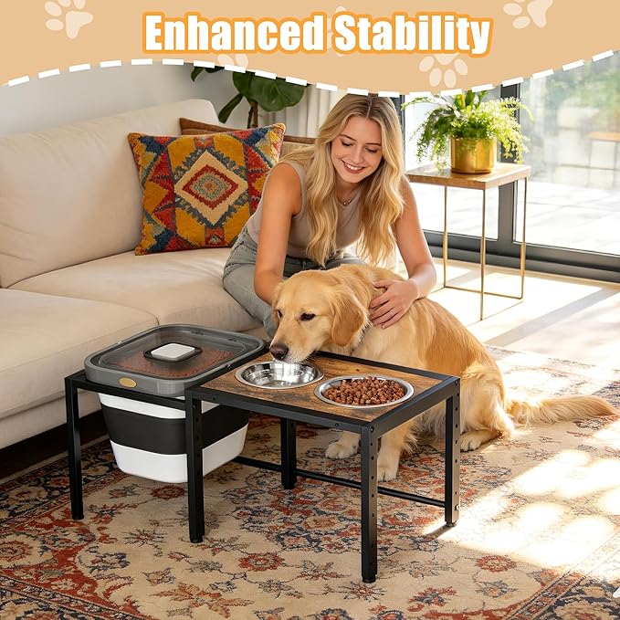 Elevated Dog Bowl with Storage Container - 2-in-1 Raised Dog Bowl Stand with 2 Stainless Steel Food Bowls，15-18 lb Dog Food Storage Bin for Large Breed Dogs, Adjustable Height Feeding Station
