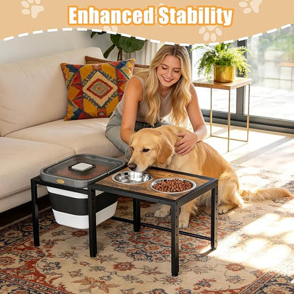 Elevated Dog Bowl with Storage Container - 2-in-1 Raised Dog Bowl Stand with 2 Stainless Steel Food Bowls，15-18 lb Dog Food Storage Bin for Large Breed Dogs, Adjustable Height Feeding Station
