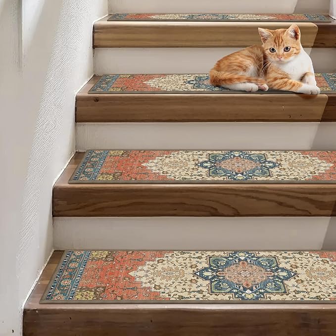 Non Slip Stair Treads for Wooden Steps 15PCS - 8"x30" Indoor Safety Carpet, Edging Mats with TPE Adhesive Backing, Pet and Elderly Friendly Stair Rugs (Red)