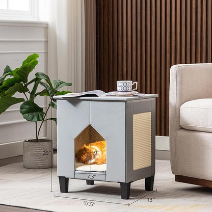 Cat House for Indoor Cats Condo,Cat Furniture with Large Area Scratch Pad，Leather Cat Bed Side Table & Nightstand for Living Room and Bedroom Decoration,Grey