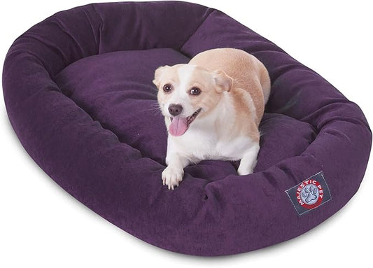 Majestic Pet 32 Inch Micro Velvet Calming Dog Bed Washable – Cozy Soft Round Dog Bed with Spine for Head Support - Fluffy Donut Puppy Mat 32x23x7 (inch) Medium – Aubergine (2025)