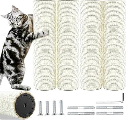Cat Tree Replacement Post, 4 Pack 9.84in Cat Scratching Post Replacement Poles with M8 Screws, Natural Sisal Cat Tower Parts, Connectable to 19.7in/39.4in for Cat Tree Repair & Extension