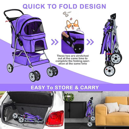 4 Wheels Dog Stroller, Foldable Pet Stroller for Small Medium Dogs, Portable Breathable Cat Stroller Dog Strollers with Storage Basket, Cup Holders, Removable Liner for Travel & Outdoor Use, Purple