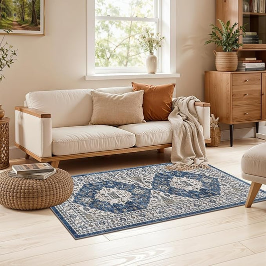 2x4 Non-Slip Entryway Area Rugs: Washable Stain Resistant Kitchen Carpet Printed Doormat Soft Low Pile Nursery Rug Vintage Small Floor Mat for Hardwood Bedroom Cozy Home Decor fot Family(2x4,Blue)