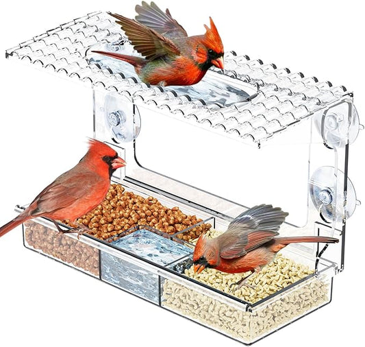 Acrylcc Window Bird Feeders with Strong Suction Cups for Window Viewing and Balcony,See Through Wild Birdfeeder with Bath and Water Combo,Clear Windows Bird Feeder for Cats,Kids,Birds Lover Gifts