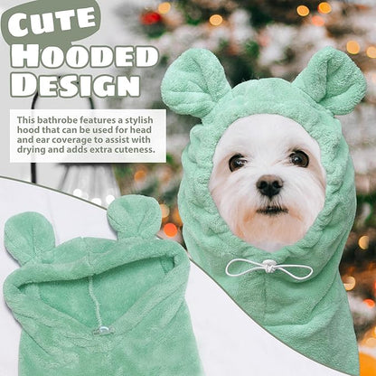 Dog Bathrobe Super Absorbent Towel Robe - Microfiber Bath Towels Fast Drying Coat for Dogs, Cute Dogs Clothes Adjustable Collar & Belly Strap Warm Keeping Hooded Dog Towel (Light Green, Small)