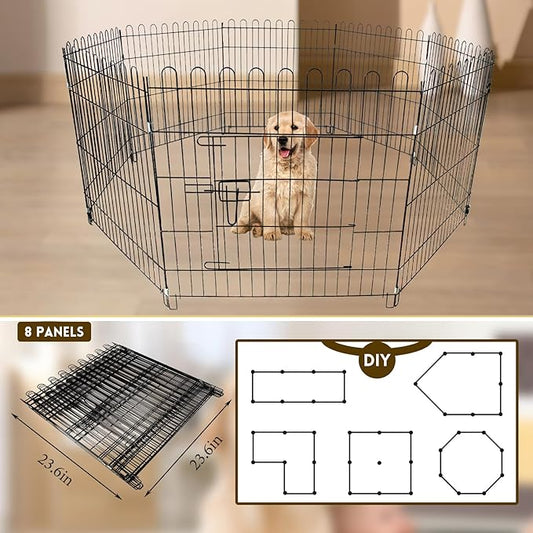 Foldable Metal Dog Playpen, Portable Pet Pen Puppy Exercise Pens 8 Panels Small/Medium Dogs Fence for Yard Indoor&Outdoor RV Travel Camping with Doors for Cat Rabbit Hedgehog