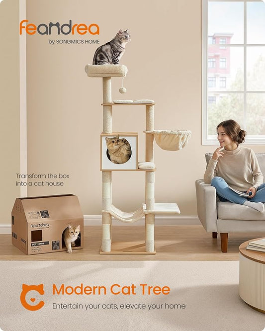 Feandrea Cat Tree, 65-Inch Tall Cat Tower, Multi-Level Condo with Cave, Basket, Hammock, Pompom, Scratching Posts, Almond Yellow UPCT118Y01