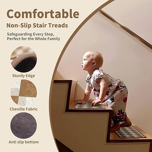 Non-Slip Carpet Stair Treads 4PCS, 8"x30" Peel and Stick Stair Runner for Wooden Steps Indoor, Washable Reusable Adhesive Backing, Pet-Friendly Safety Mats for Kids, Elders, Dogs