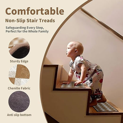 Non-Slip Carpet Stair Treads 4PCS, 8"x30" Peel and Stick Stair Runner for Wooden Steps Indoor, Washable Reusable Adhesive Backing, Pet-Friendly Safety Mats for Kids, Elders, Dogs