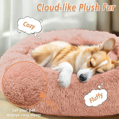 JOLLYVOGUE Calming Dog Beds Large Sized Dog, 36in Donut Washable Large Pet Bed, Anti-Slip & Anti-Anxiety Fluffy Faux Fur Round Dogs Bed, Fits up to 80 lbs Pets (Peach Pink)