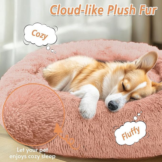 JOLLYVOGUE Calming Dog Beds Large Sized Dog, 36in Donut Washable Large Pet Bed, Anti-Slip & Anti-Anxiety Fluffy Faux Fur Round Dogs Bed, Fits up to 80 lbs Pets (Peach Pink)