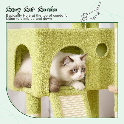 Gitelsnour Cat Tree, 41.3" Cat Tower for Indoor Kittens with Scratching Board and Posts, Multi-Level Cozy Cat Condo with 2 Perches, Hammock, Balls, Green and Yellow GCT005SGY