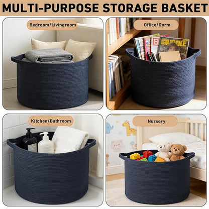 115L Large Blanket Basket,23.6" L x 23.6" W x 15.7" H Rope Woven Baskets with Handles, Toys Storage Bins,Laundry Basket Perfect for Living Room, Nursery,Bedroom,Home Organization,Dark Blue