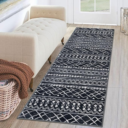 KUTA Moroccan Washable Hallway Runner Rug, 2x6 Non-Slip Vintage Black Boho Rugs Kitchen Runners Ultra Soft Distressed Geometric Floor Carpet for Bedroom Laundry Living Room