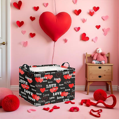 Rectangular Valentines Basket for Home Kitchen Girls Cute Kids Storage Bin Organizer Shelf Book Room Decor(Black Red Love)