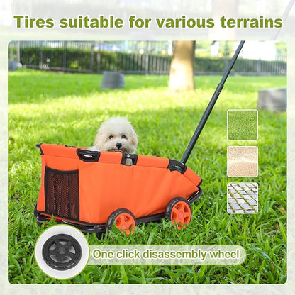 Mini Dog Strollers for Mini Pets, Foldable Multifunctional Shopping Carts with Extendable Pull Handle, Doggie Wagon Built-in Cushion and Safety Rope with Storage Bag (Orange)