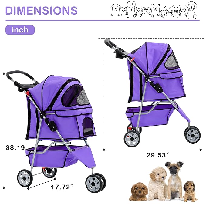 3 Wheels Dog Stroller, Foldable Pet Stroller for Small Medium Dogs, Portable Breathable Cat Stroller Dog Strollers with Storage Basket, Cup Holders, Removable Liner for Travel & Outdoor Use, Purple