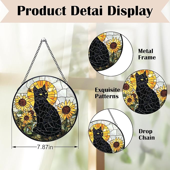 Black Cat Sunflower Stained Glass Window Hanging Suncatchers, Sunflower Flower Black Cat Sun Catchers Indoor Window Glass Wall Art Decor, Floral Wall Hanging Decorations Sculptures, 7.9x7.9in