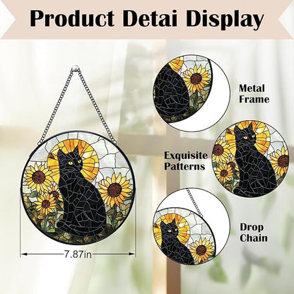 Black Cat Sunflower Stained Glass Window Hanging Suncatchers, Sunflower Flower Black Cat Sun Catchers Indoor Window Glass Wall Art Decor, Floral Wall Hanging Decorations Sculptures, 7.9x7.9in