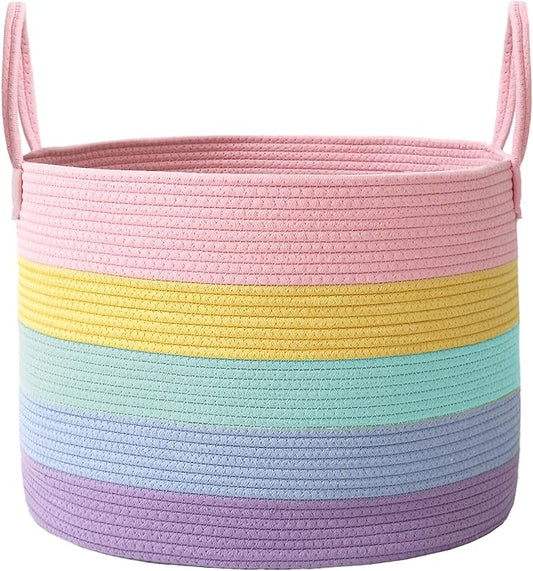 65L Extra Large Blanket Basket for Living Room - Woven Cotton Rope Laundry Hamper with Reinforced Handles - Storage Bin for Pillows, Comforters & Toys - Machine Washable,Rainbow