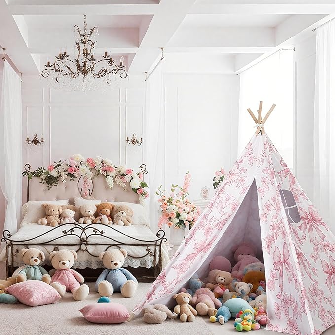 Floral Bow Teepee Tent Indoor Play Tent Coquette Playhouse Foldable Teepee for Indoor Reading Nook Room Decor