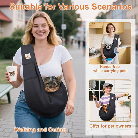 Tomkas Small Dog Sling Carrier - Zipper Pocket & Classic Strap - for 3-10 lbs Pets(Black)