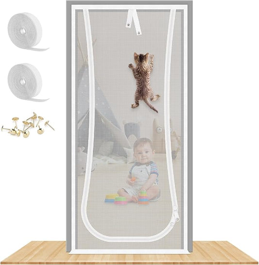 New Reinforced Cat Screen Door, Fits Door Size 38''x 81'' Heavy Duty Pets Proof Screen Door with Bilateral Zipper, Prevent Dogs Cats Running Out from Home, Bedroom,Living Room, Kitchen Patio Door